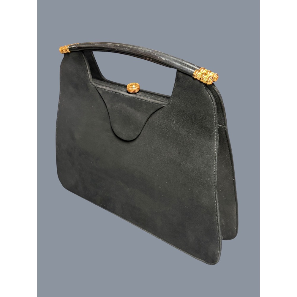 Vintage Bienen-Davis Black Suede Handbag Gold Hardware Top Handle w/ Coin Pouch